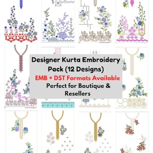 May include: A collection of twelve designer kurta embroidery designs. The designs feature floral and geometric patterns in various colors, including blue, pink, and gold, on a white background. The text on the image says "Designer Kurta Embroidery Pack (12 Designs)".