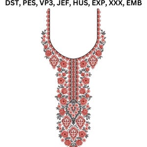 Può includere: Un disegno di ricamo con un motivo floreale nei toni del rosso, rosa e grigio, con il testo "DST, PES, VP3, JEF, HUS, EXP, XXX, EMB" in alto. Il disegno è simmetrico e adatto all'abbigliamento.