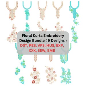 Puede incluir: Un conjunto de nueve diseños de bordado floral para kurta en varios estilos y colores, incluyendo turquesa, beige y rojo. Los diseños se muestran sobre un fondo blanco, con el texto "Floral Kurta Embroidery Design Bundle (9 Designs)".