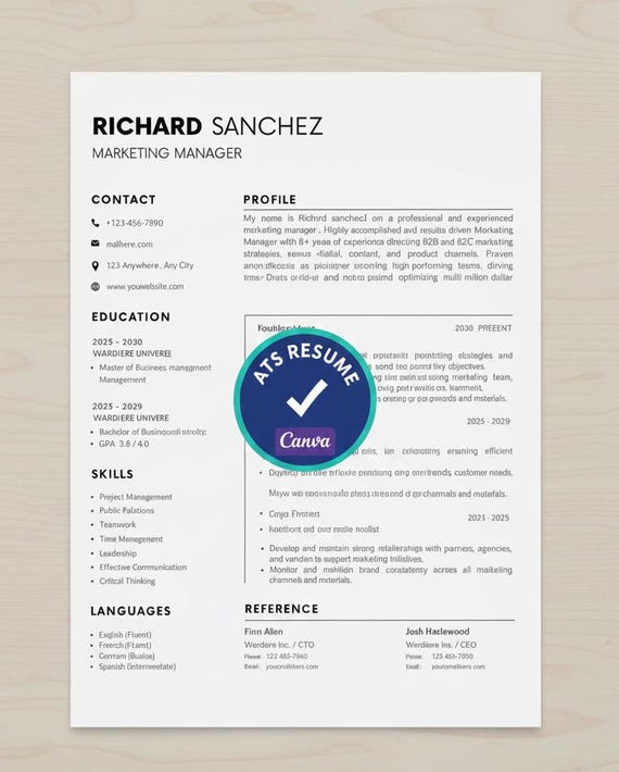 ATS Friendly Canva Resume Template 2026 | Modern Minimalist Single Column Executive CV Word PDF