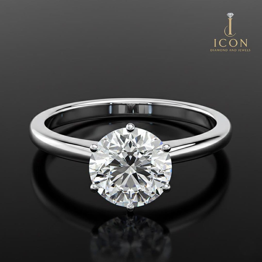 Round Cut Lab Grown Diamond Solitaire Engagement Ring in 14K White Gold ...