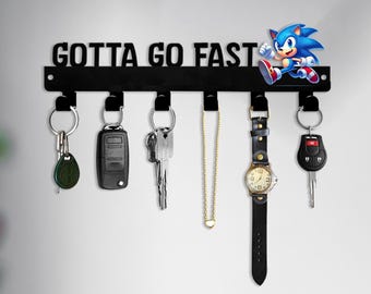 Sonic Key Holder – “GOTTA GO FAST” Quote with Character Silhouette & Hooks for Wall Display or Everyday Gift Decor, Key Hook Organizer