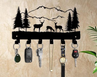 Sleutelhouder berghert, aan de muur gemonteerde metalen organizer met natuursilhouetten en haken voor rustieke hal of cabine, sleutelhangers