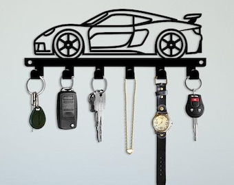 Sports Car Key Holder – Wall-Mounted Metal Organizer with Car Silhouette & 6 Hooks for Entryway, Garage or Auto-Lover Display, Key Wall Art