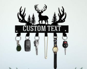 Personalized Antler Deer Key Holder, Wall-Mounted Metal Organizer with Forest Buck Silhouette Hooks for Rustic Cabin,  Nature Themed Display