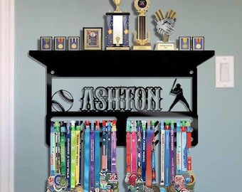 Personalized Medal Hanger – Sports Display Rack with Baseball & Batter Silhouettes, Ribbons Trophy Keeper Shelf for Achievement Wall