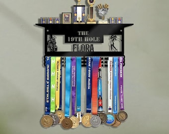 Personalized 19th Hole Medal Hanger – Sports Display Rack with Golf Silhouette, Ribbons & Trophy Keeper Shelf for Achievement Wall