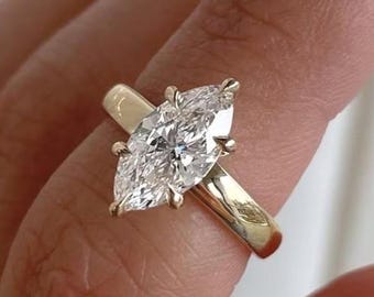 3 CT Marquise Cut Moissanite Engagement Ring, 14k Gold Cigar Band Ring, Thick 3mm Cigar Band, 6 Prong Marquise Solitaire Ring, Bridal Gift