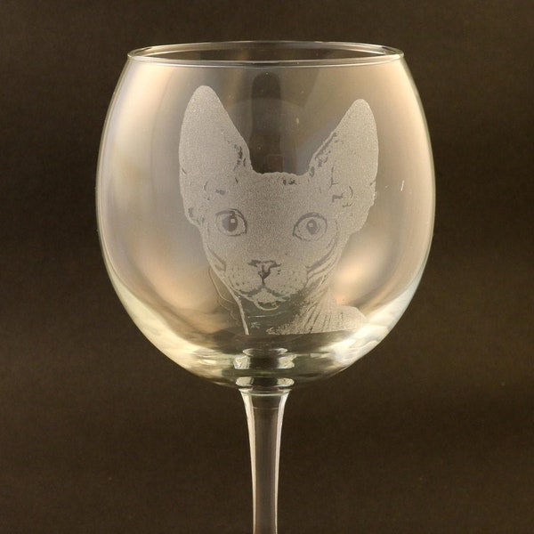 Etched Sphynx Cat on Elegant Wine Glass (set of 2)