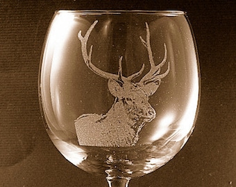 Etched Elk /Deer on Elegant Wine Glass (set of 2)