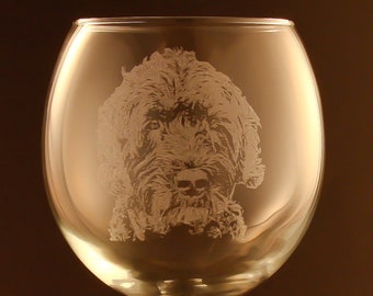 Etched Portuguese Water Dog on Elegant Wine Glass (set of 2)