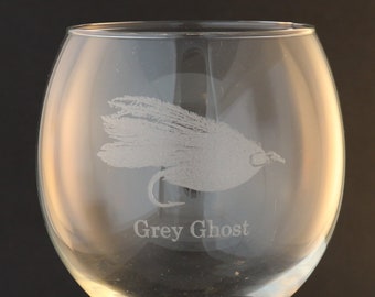 Etched Fly Fishing Grey Ghost Fly on Elegant Wine Glass (set of 2)