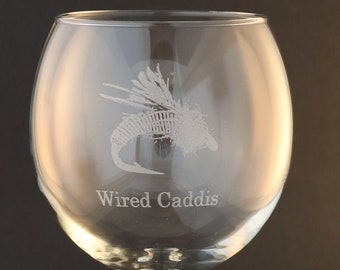 Etched Fly Fishing Wired Caddis Fly on Elegant Wine Glass (set of 2)
