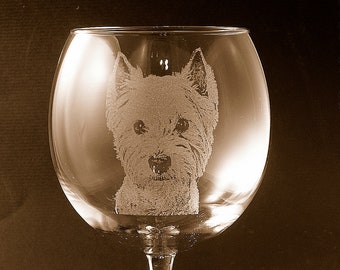 Etched West Highland Terrier / Westie on Elegant Wine Glass (set of 2)