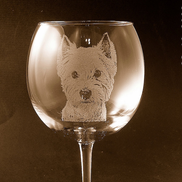 Etched West Highland Terrier / Westie on Elegant Wine Glass (set of 2)