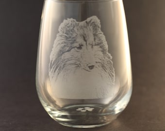 Etched Shetland Sheepdog / Sheltie on Elegant Stemless Wine Glass (set of 2)