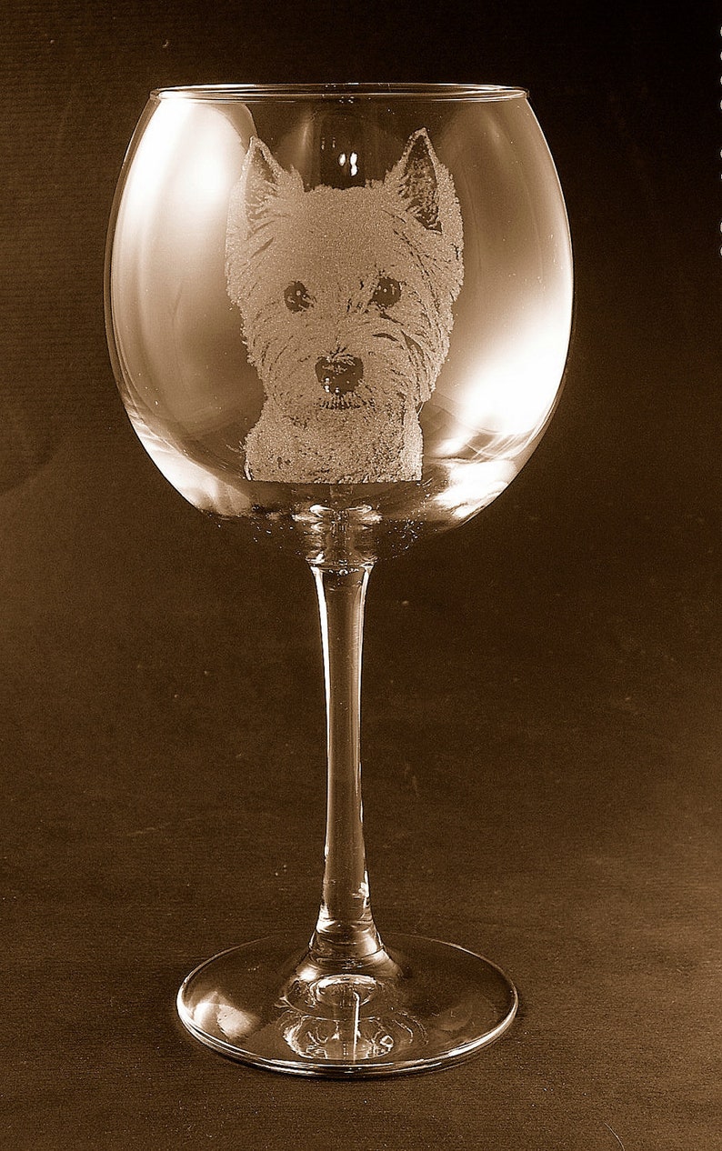 Etched West Highland Terrier / Westie on Elegant Wine Glass set of 2 image 1