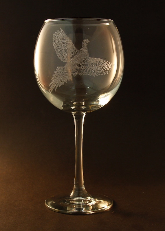 Etched Pheasant on Large Elegant Wine Glass set of 2 Etsy