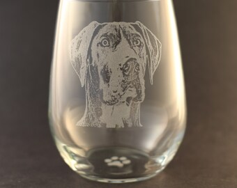 Etched Great Dane with Natural Ears on Elegant Stemless Wine Glass (set of 2)