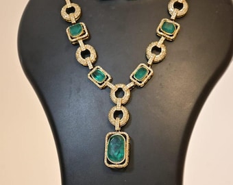 Emerald Green Kundan Necklace Set | CZ Indian Wedding Jewelry