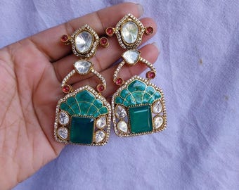Kundan Statement Earrings, Red & Green Enamel, Indian Bridal Jewelry