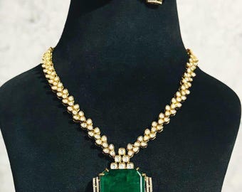 Emerald Green Stone Necklace Set, Gold Plated Kundan Indian Jewelry