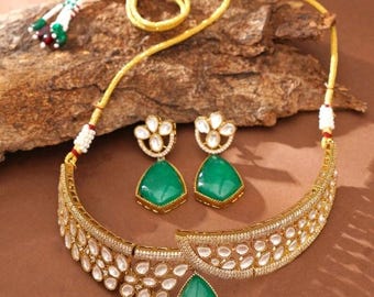 Green Kundan Choker Necklace Set • Indian Bridal Polki Jewelry