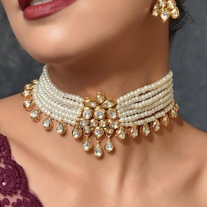 Pärl Kundan Choker Halsband Set • Indiska Brudsmycken