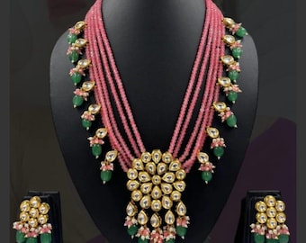 Kundan Necklace Set | Pink Beads, Polki Pendant Indian Bridal Jewelry