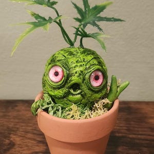 Può includere: Una figura verde e testurizzata simile a una creatura, con grandi occhi rotondi rosa e una piccola bocca, seduta in un vaso color terracotta. La figura ha due steli verdi simili a foglie sulla testa e una mano sollevata.
