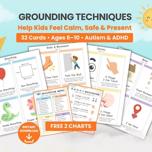 Op de afbeelding: Een set van 32 educatieve kaarten en 2 grafieken getiteld Grounding Techniques Help Kids Feel Calm, Safe & Present. De kaarten bevatten illustraties en instructies voor ademhaling, lichaamsbeweging en zintuiglijke oefeningen.