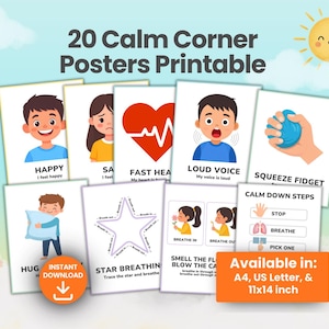 Peut inclure: Ensemble de 20 affiches imprimables pour le coin calme. Les affiches présentent des illustrations et du texte avec des techniques de relaxation, notamment des exercices de respiration et des stratégies de régulation émotionnelle. Disponible en formats A4, US Letter et 11x14 pouces.