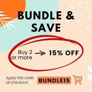 Peut inclure: Un graphique promotionnel sur fond p&ecirc;che clair avec des formes abstraites orange et bleu sarcelle. Le texte indique BUNDLE & SAVE, Buy 2 or more 15% OFF, Apply this code at checkout, et BUNDLE15 &agrave; c&ocirc;t&eacute; d'une ic&ocirc;ne de chariot orange.