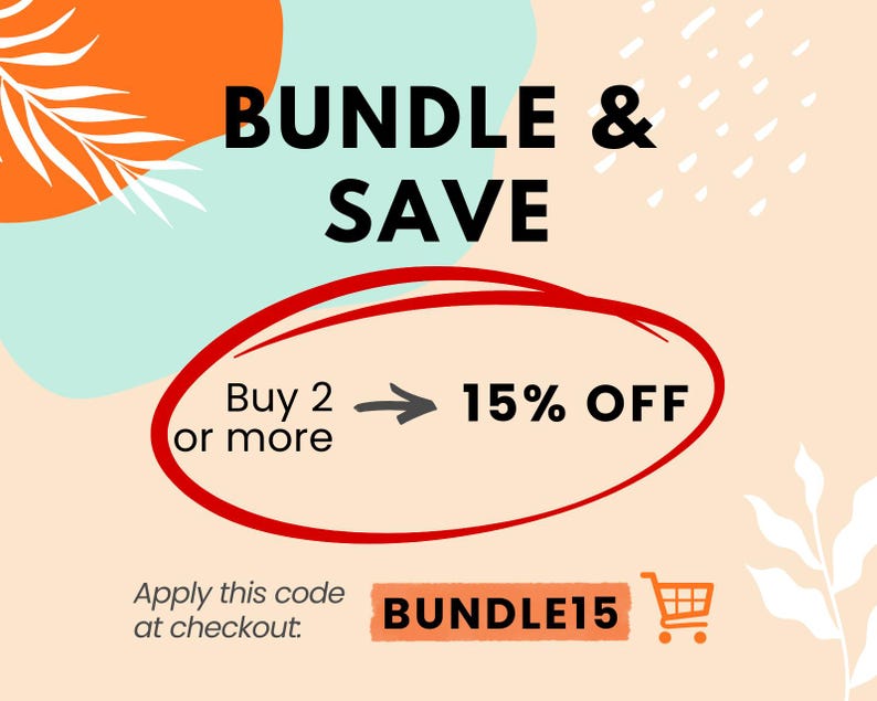 Peut inclure: Un graphique promotionnel sur fond p&ecirc;che clair avec des formes abstraites orange et bleu sarcelle. Le texte indique BUNDLE & SAVE, Buy 2 or more 15% OFF, Apply this code at checkout, et BUNDLE15 &agrave; c&ocirc;t&eacute; d'une ic&ocirc;ne de chariot orange.