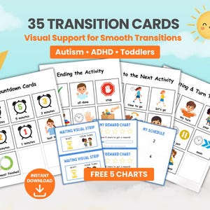 Puede incluir: Un conjunto de 35 tarjetas de transición con apoyo visual para transiciones suaves. Las tarjetas incluyen temporizadores de cuenta regresiva, indicaciones de actividad y tablas de recompensas. El texto incluye "Autismo, TDAH, Niños pequeños" y "Descarga instantánea".