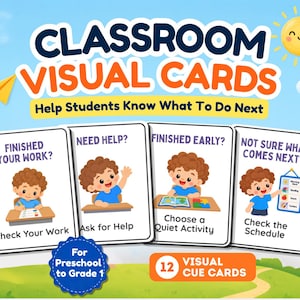 Könnte beinhalten: Ein Set aus 12 visuellen Klassenzimmer-Hinweiskarten mit Illustrationen eines Kindes im blauen T-Shirt. Die Karten zeigen den Text: Finished Your Work? Check Your Work, Need Help? Ask for Help, Finished Early? Choose a Quiet Activity, Not Sure What Comes Next? Check the Schedule.