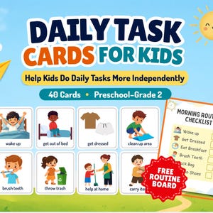 Op de afbeelding: Een set van 40 dagelijkse taakkaarten voor kinderen, voorschool tot groep 4, met illustraties van routines zoals wakker worden, tandenpoetsen en opruimen. Inclusief een ochtendroutine-checklist en een gratis routinebord.