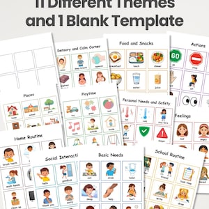 Peut inclure: Un ensemble de cartes de communication &eacute;ducatives comprenant 11 th&egrave;mes diff&eacute;rents et un mod&egrave;le vierge. Chaque page pr&eacute;sente une grille d'illustrations color&eacute;es avec des &eacute;tiquettes textuelles pour des cat&eacute;gories comme la nourriture, les actions, les sentiments et les routines quotidiennes.