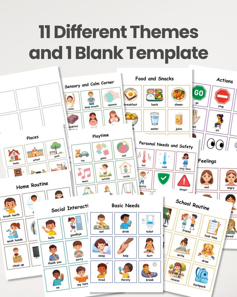 Peut inclure: Un ensemble de cartes de communication &eacute;ducatives comprenant 11 th&egrave;mes diff&eacute;rents et un mod&egrave;le vierge. Chaque page pr&eacute;sente une grille d'illustrations color&eacute;es avec des &eacute;tiquettes textuelles pour des cat&eacute;gories comme la nourriture, les actions, les sentiments et les routines quotidiennes.