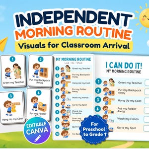 May include: A set of educational morning routine visual aids for classrooms featuring cards and checklists with illustrations of children performing tasks like greeting a teacher, hanging up a coat, and putting away a backpack, labelled with text.