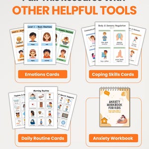 Peut inclure: Une collection de ressources &eacute;ducatives comprenant des cartes d'&eacute;motions, des cartes de comp&eacute;tences d'adaptation, des cartes de routine quotidienne et un cahier d'exercices sur l'anxi&eacute;t&eacute;. Le texte indique Pair This Resource With OTHER HELPFUL TOOLS.