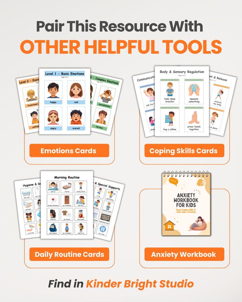 Peut inclure: Une collection de ressources &eacute;ducatives comprenant des cartes d'&eacute;motions, des cartes de comp&eacute;tences d'adaptation, des cartes de routine quotidienne et un cahier d'exercices sur l'anxi&eacute;t&eacute;. Le texte indique Pair This Resource With OTHER HELPFUL TOOLS.