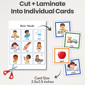 Peut inclure: Une feuille imprimable intitul&eacute;e Basic Needs avec neuf carr&eacute;s illustr&eacute;s montrant des activit&eacute;s quotidiennes, ainsi que quatre cartes individuelles &agrave; bordures color&eacute;es. Des ciseaux &agrave; poign&eacute;es rouges et une taille de 6,35x6,35 cm sont indiqu&eacute;s.
