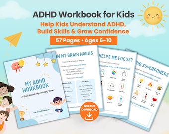 May include: An ADHD workbook for kids featuring 57 pages for ages 6-10. The cover displays the title My ADHD Workbook: A Book About My Amazing Brain, with illustrations of a brain, stars, and a trophy. Interior pages show activities and text.
