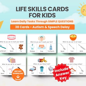 Könnte beinhalten: Lernkarten für Kinder mit dem Text "LIFE SKILLS CARDS FOR KIDS". Die Karten behandeln alltägliche Aufgaben mit einfachen Fragen, wie Zähneputzen, Haarewaschen und Suppe essen. Enthält 38 Karten und einen Antwortschlüssel.