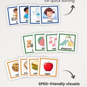 Peut inclure: Un ensemble de cartes &eacute;ducatives carr&eacute;es avec des illustrations et des &eacute;tiquettes textuelles. Les cartes ont des bordures cod&eacute;es par couleur bleue, verte et orange. Le texte inclut Color-coded borders for quick sorting et SPED-friendly visuals.