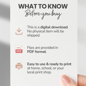 Peut inclure: Une carte d'information blanche avec du texte gris fonc&eacute; indiquant WHAT TO KNOW Before you buy. Elle comprend des ic&ocirc;nes pour un t&eacute;l&eacute;chargement num&eacute;rique, des fichiers PDF et l'impression, pr&eacute;cisant qu'il s'agit d'un t&eacute;l&eacute;chargement num&eacute;rique.