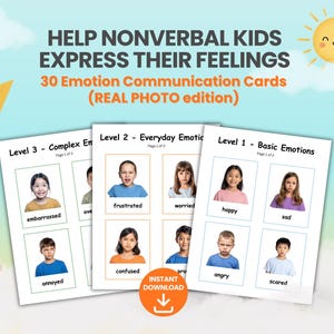 May include: Emotion communication cards for nonverbal children, with 30 cards featuring real photos. The cards are categorised into three levels: Basic, Everyday, and Complex emotions. Each card shows a child's face expressing an emotion, with the emotion's name below.