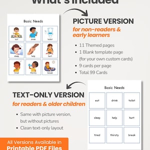 Peut inclure: Un ensemble PDF imprimable comprenant deux versions de cartes de communication : une version illustr&eacute;e pour les besoins de base comme manger, boire et aller aux toilettes, et une version texte. L'ensemble contient 11 pages et 99 cartes.