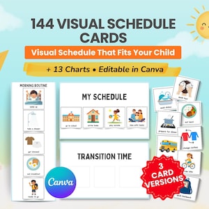 Pode incluir: Um conjunto de 144 cartões de cronograma visual com ilustrações para tarefas diárias, incluindo 13 tabelas editáveis no Canva. Os cartões exibem atividades como acordar, tomar banho, comer e rotinas escolares com etiquetas. Inclui 3 versões de cartões.